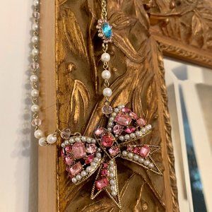 Betsey Johnson Crystal Bow Necklace with Pearls